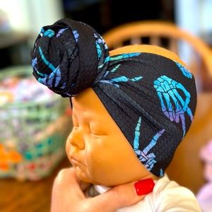 Handmade Newborn Skelly Peace Sign Top Knot HeadWrap